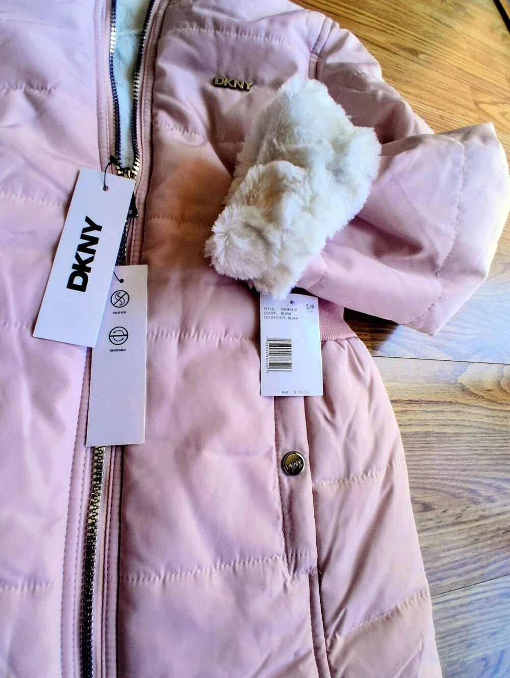 NWT DKNY girls REVERSIBLE COAT, Pale Pink/white Fuzzy Faux Fur, Sz 6X  MSRP $130